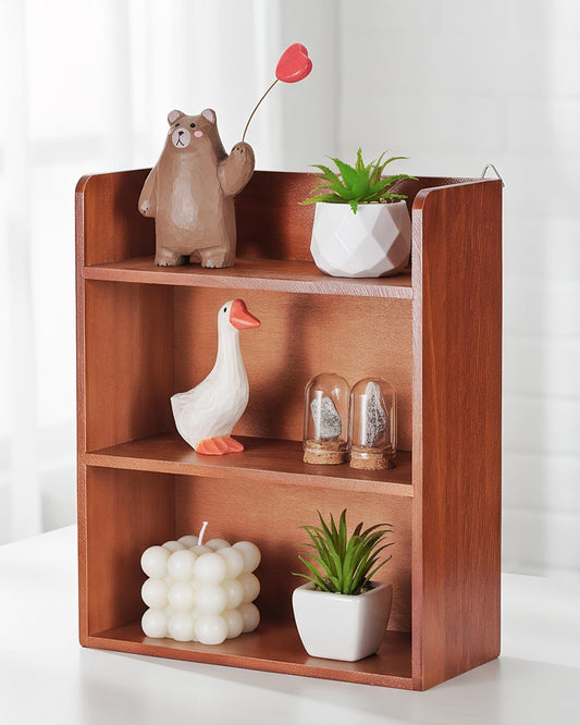 Bahhatii 3-Tier Trinket Shelf, 10" x 12" Vintage Display Shelf for Wall or Desk, Small Wooden Shadow Box with Shelves for Collectibles, Mini Figures, Perfumes & Essential Oils, Brown