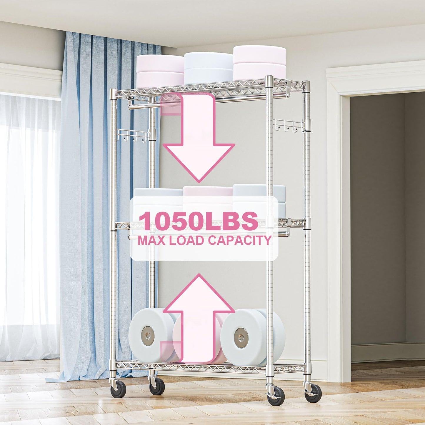 M MZG Heavy Duty Rolling Garment Rack 3 Tiers Adjustable Wire Shelving Clothes Rack with 2 Rods and Side Hooks,Storage Closet Clothing Rack with Wheels Chrome 15.7" D x 45.3" W x 79.6" H