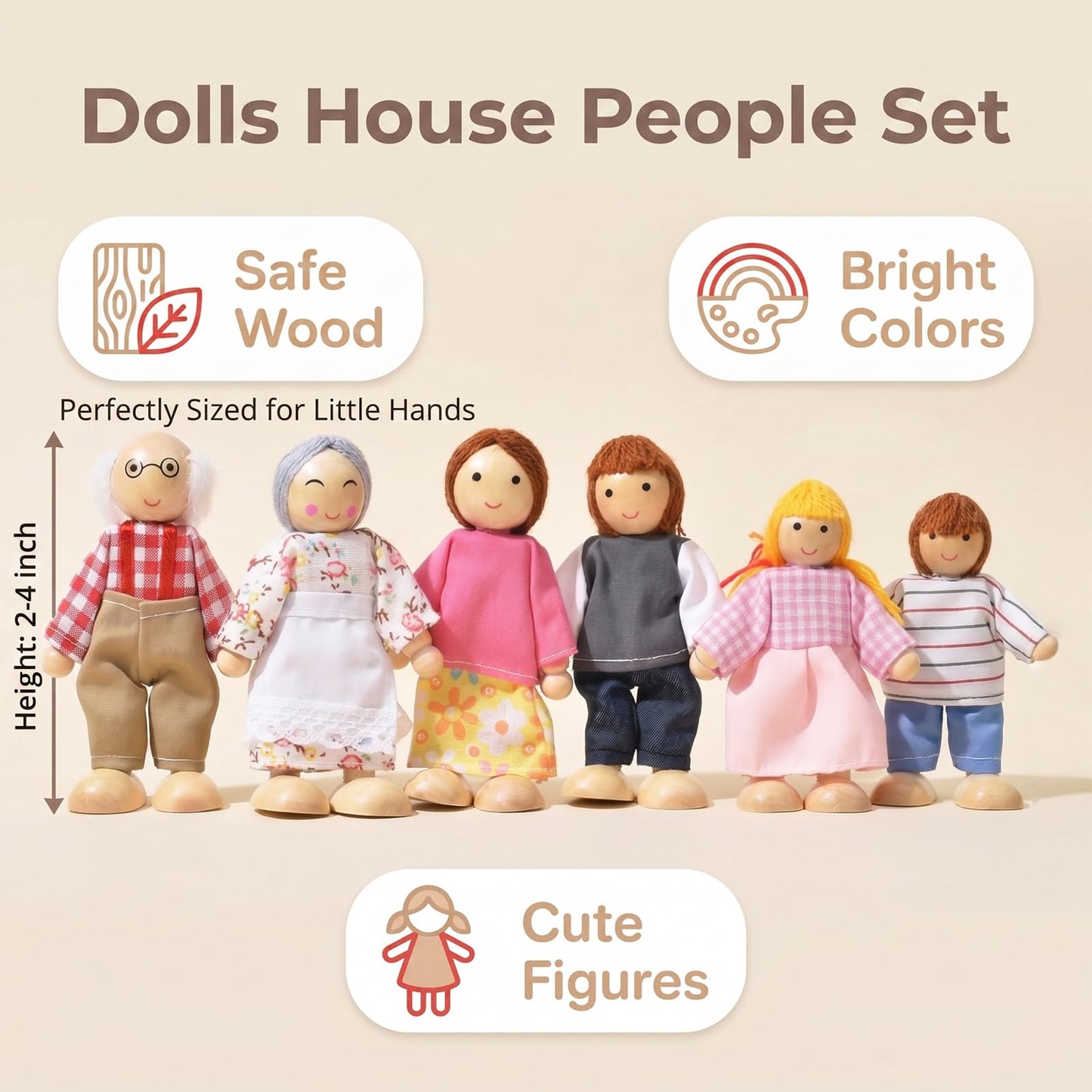 Handlive 7-Piece Wooden Dolls for Dollhouse Family Set, Mini People Figures for Doll House People Role Play