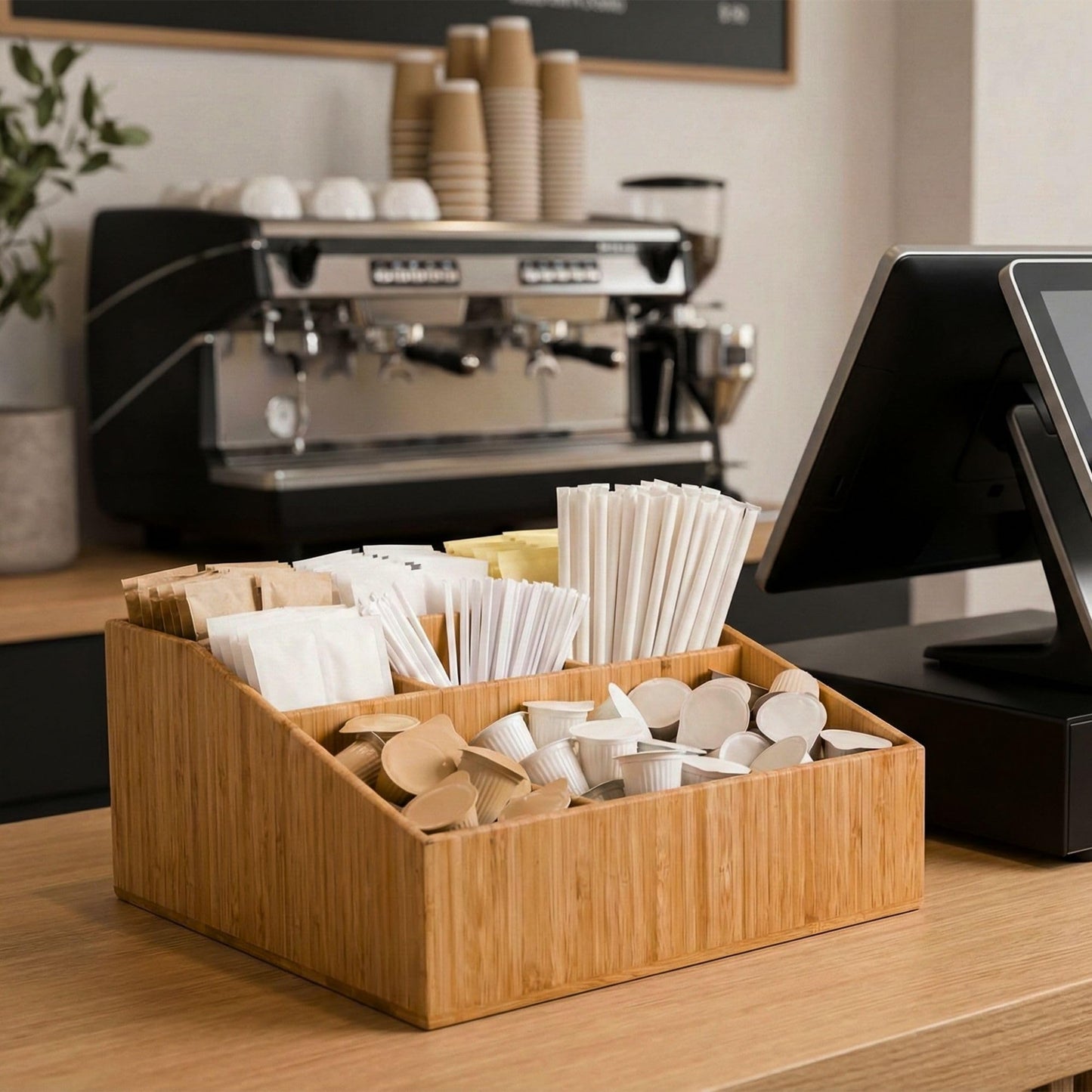 Restaurantware-11.75 x 5.5 Inch Coffee Condiment Organizer, 1 Square Creamer Organizer - 9 Compartments, Break-Resistant, Bamboo Coffee Accessory Caddy, Won't Chip, For Sugar Packets And Creamers