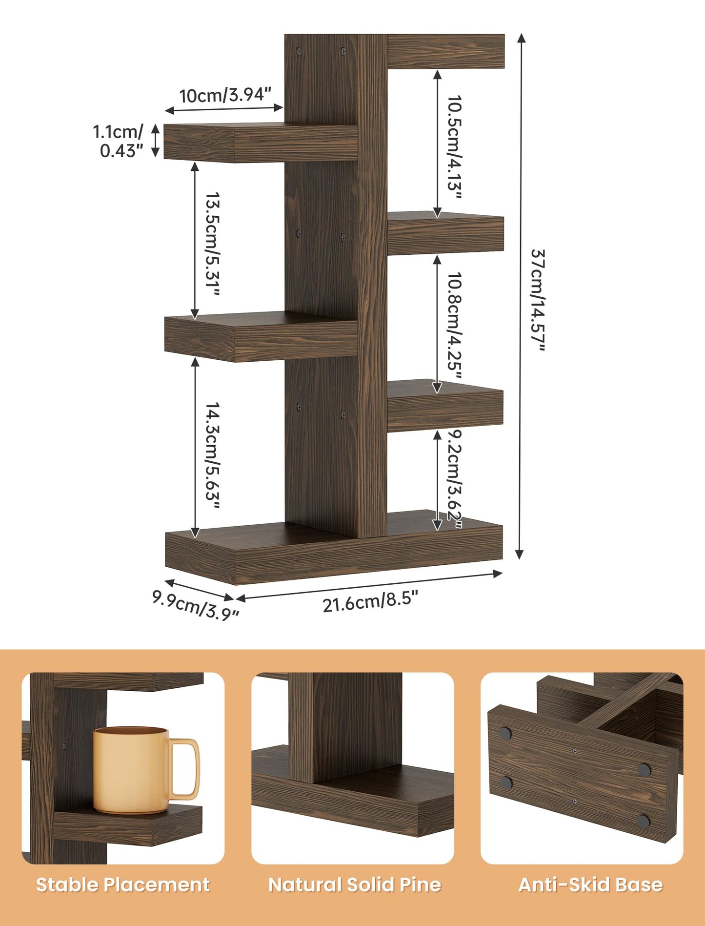 NiHome Coffee Mug Shelf Organizer - Vintage Distressed Wood Countertop Coffee Cup Holder, Holds 7 Mugs, Sturdy Mug Rack with Non-Slip Feet, Mugs Display Shelf, Curio Shelf, Knick Knack Shelf