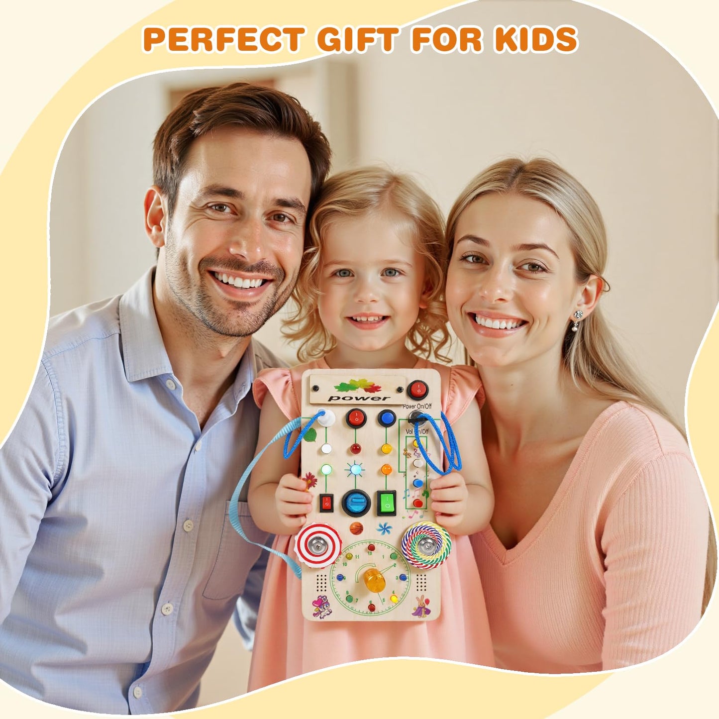 TNYI Montessori Wooden Busy Board with LED Light Up Switches & Music and Spinning Top, Toddler Sensory Educational Fidget Board, for 1+ Year Old Baby and Toddler