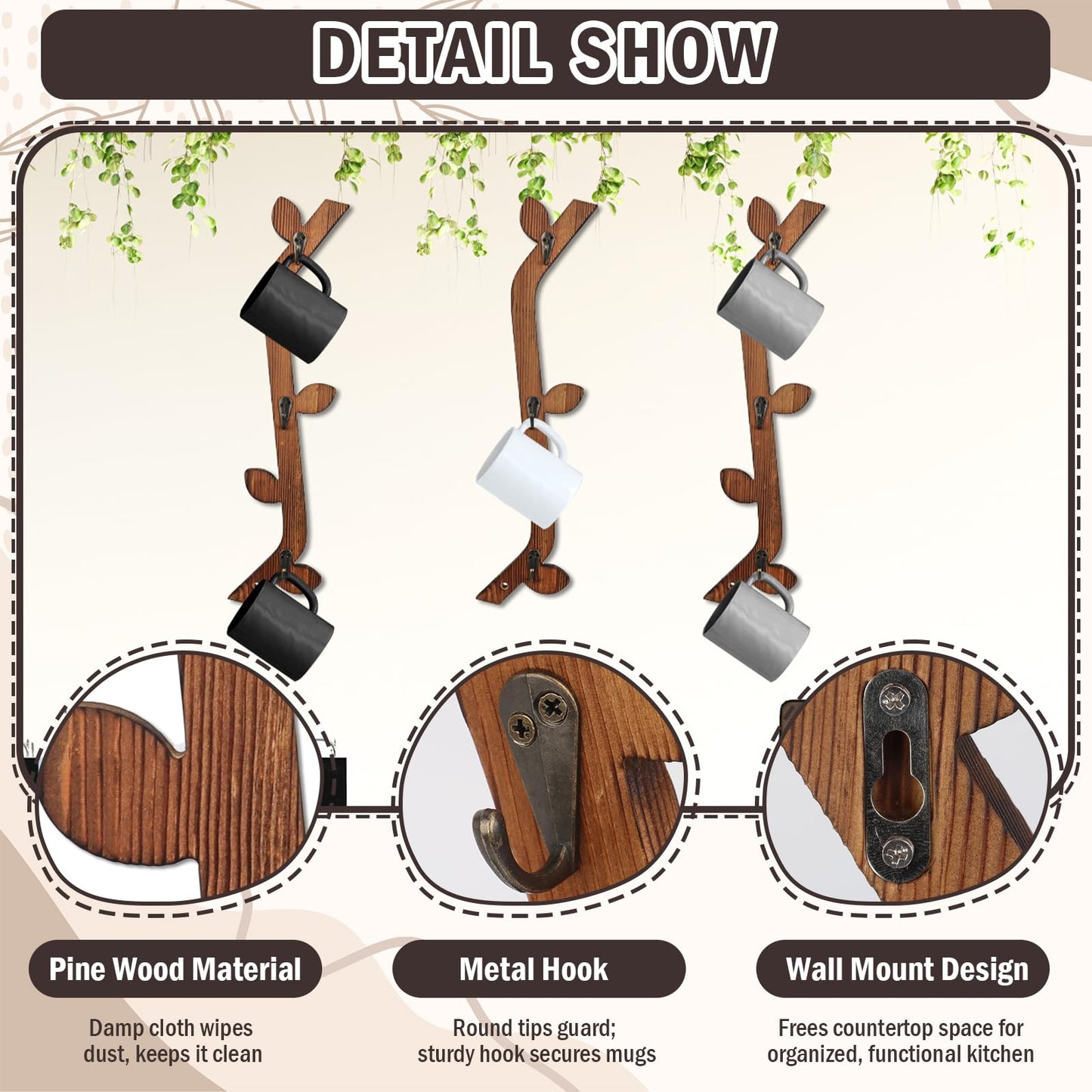 MSHUNKEJI 3 Pack Wood Coffee Mug Wall Rack with 9 Hooks Wall Mount Coffee Cup Holder Wooden Espresso Cup Holder Tree Brown Mug Stand Display Wall Mounted Cup Drying Rack for Kitchen Cafe