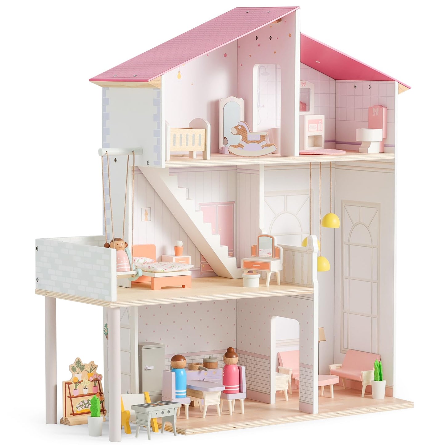 SainSmart Jr. Wooden Dollhouse for Girls, Modern Family Doll House with 37Pcs Furniture & Accessories, 3-Story Pretend Playhouse Toy Gift for Kids Ages 3+