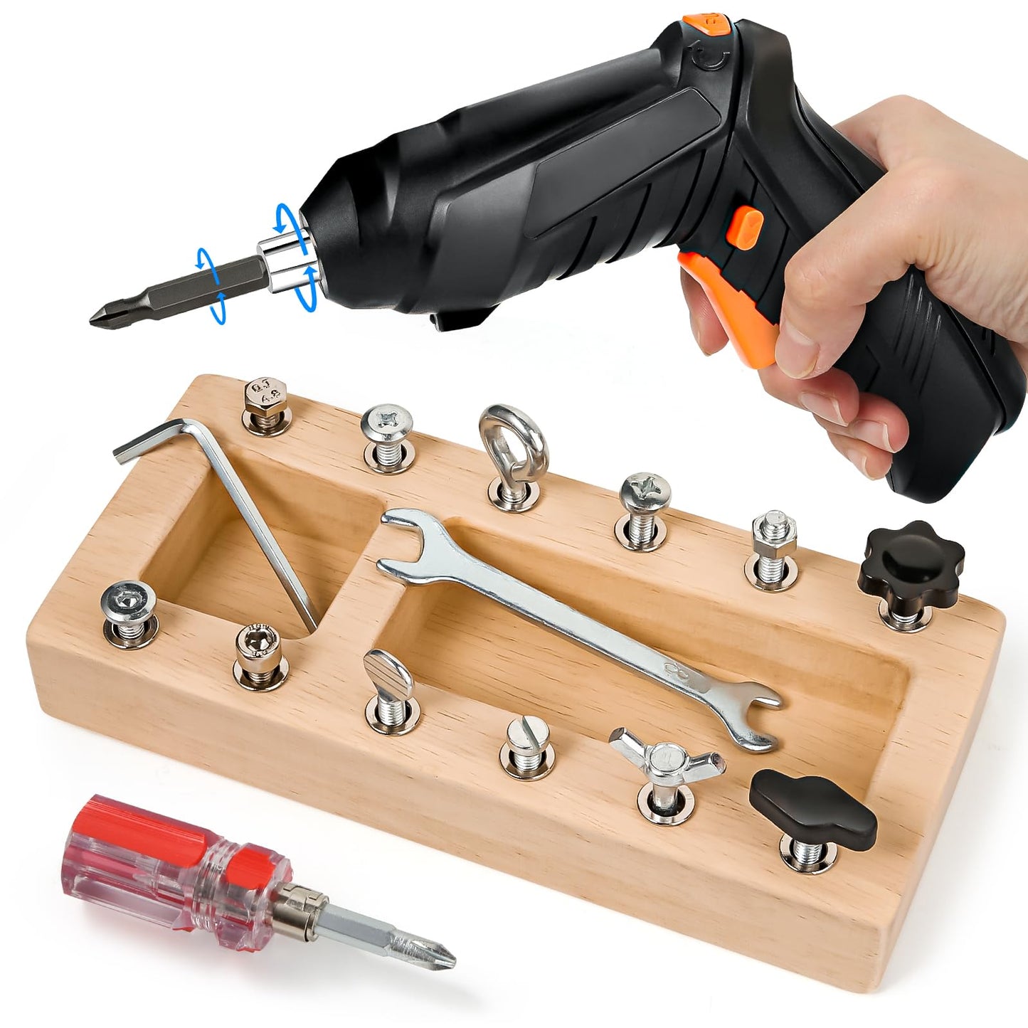 Montessori Screwdriver Board Set with Electric Drill, Wooden Montessori Busy Board Toys Screw Driver Activities Tools for 3 4 5 Year Old Kids, Sensory Learning STEM Fine Motor Skills Toys for Boys