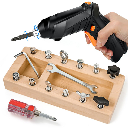 Montessori Screwdriver Board Set with Electric Drill, Wooden Montessori Busy Board Toys Screw Driver Activities Tools for 3 4 5 Year Old Kids, Sensory Learning STEM Fine Motor Skills Toys for Boys