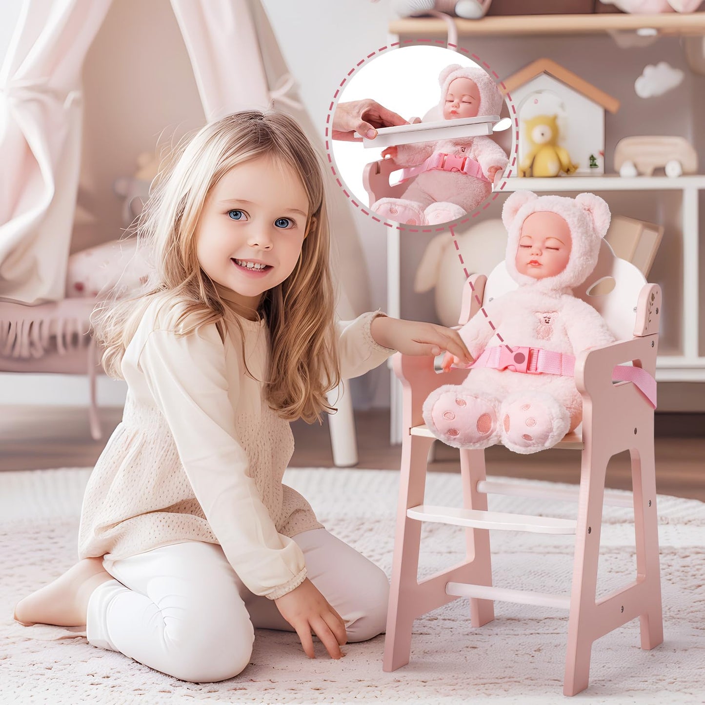 ROBOTIME Baby Doll Cradle and High Chair Set, Wooden Baby Doll Furniture with Rocking Crib and Feeding Chair, Fits 18-20 Inch Dolls, Pretend Play Toys for Girls Ages 3+