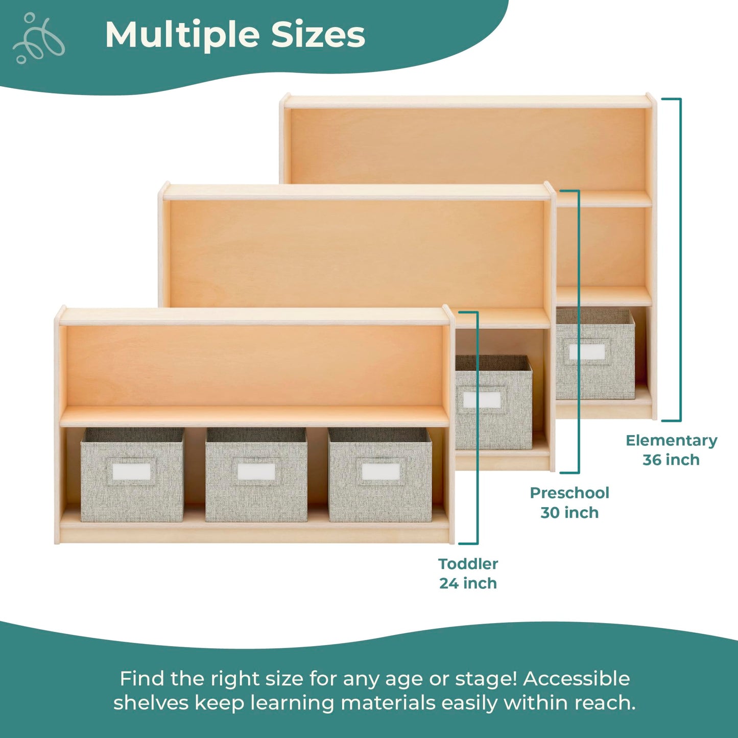Guidecraft EdQ Two Shelf Open Storage 24'' Natural with 3 Fabric Bins: Wooden Multi-Purpose Bookcases and Toy Storage Organizer; Homeschool and Classroom Furniture