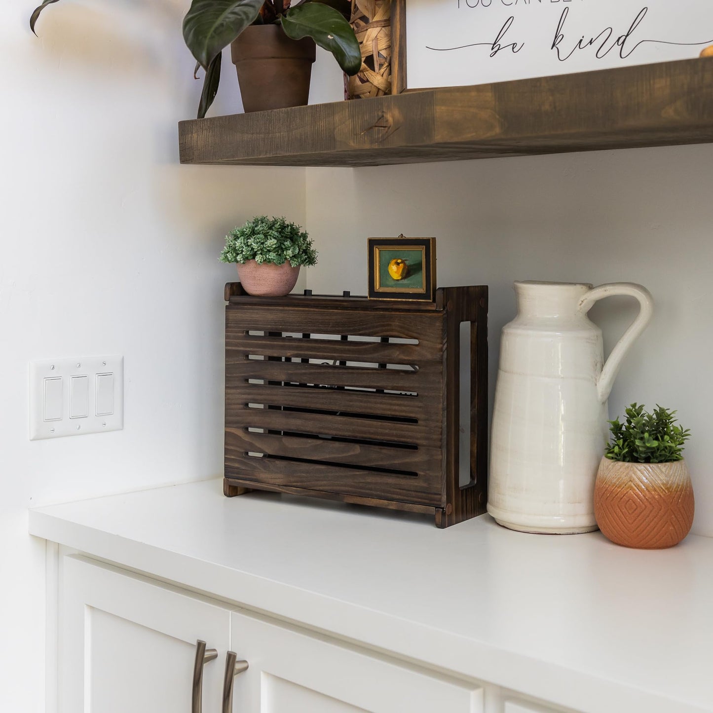 Wooden WiFi Router Storage Box - Standard Wall Mountable Decorative Modem Shelf Hider Cover with Cable Management System - Home Organization Solution for Routers Up to 11" Tall - Espresso Brown