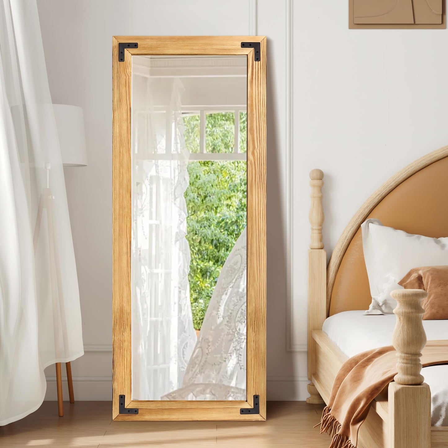 YNCLCS 55"x22" Full Length Mirror with Wooden Frame，Natural Wooden Standing Mirror, Solid Wood Frame, Hanging or Leaning Wall-Mounted, Suit for Farmhouse, Living Room, Bedroom (Light Brown)