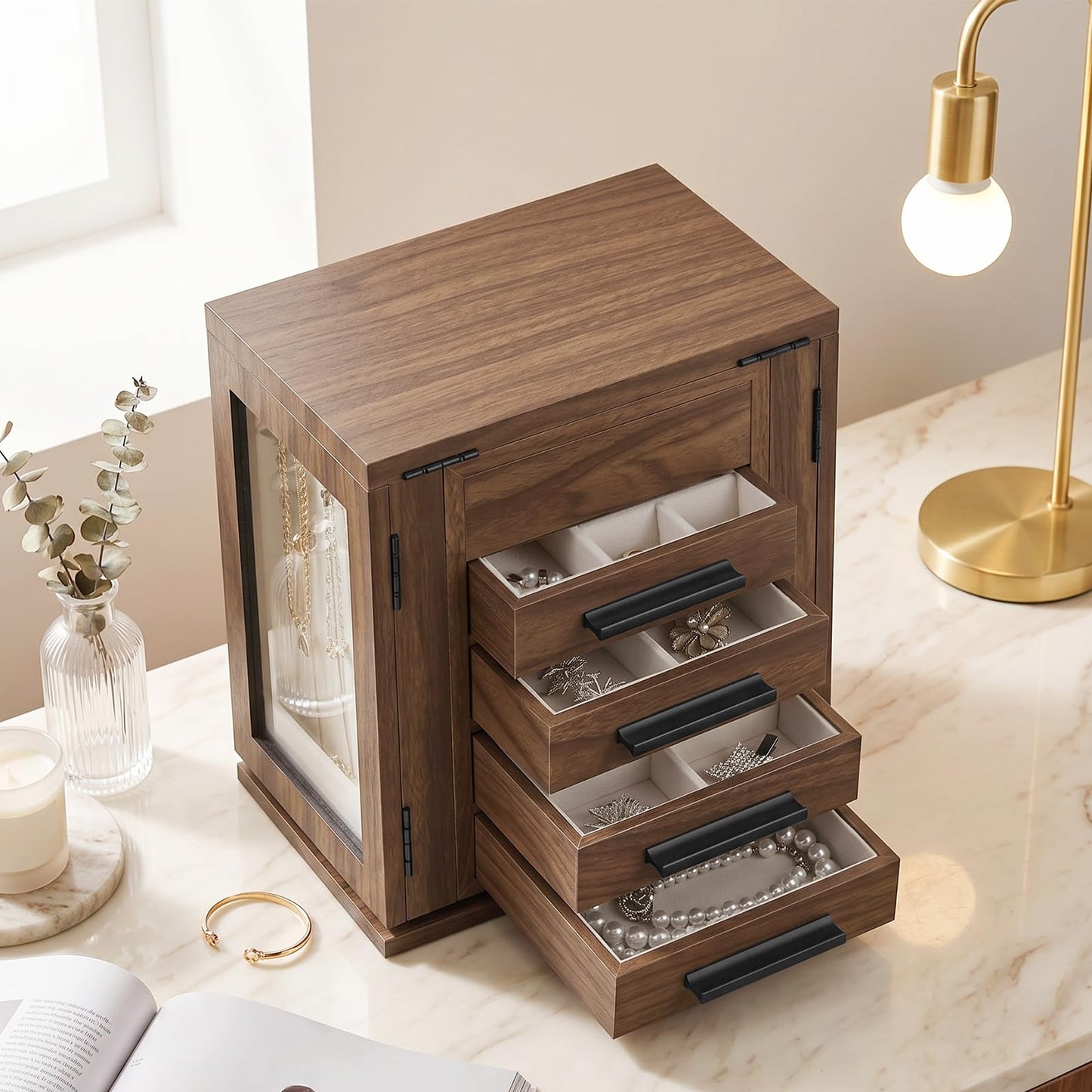 HOOBRO Jewelry Box for Women, Wooden Jewelry Organizer with Transparent Window and 360° Rotating Jewelry Box with Mirror, Jewelry Organizer with 4 Drawers Bundle, BH09JB04-BH31JB04