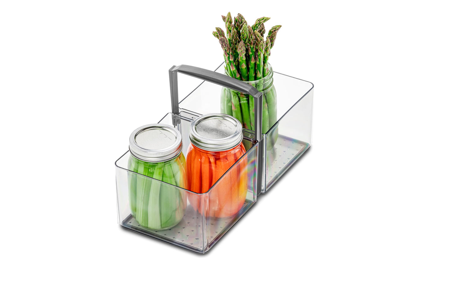 madesmart Fridge Portable Tote, Condiment Caddy with 2 Compartments, Pop-Up Handle & Non-Slip Base, Refrigerator Organizer for Sauces, Jars & Small Items, Clear