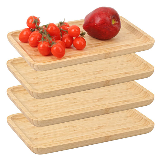 Geytetqi 4 Pack 12 x 8 x 0.8 Inch Bamboo Serving Tray with Handles, Rectangular Wooden Breakfast Tray, Decorative Coffee Platter for Serving Food, Kitchen, Living Room, Picnic