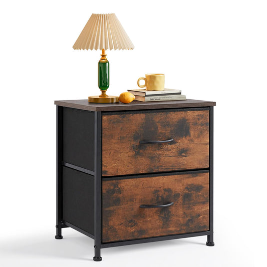 Nightstand, Small 2 Drawer Dresser End Table Bedside Furniture, Wooden Top Fabric Bins for Bedroom, Closet, Entryway, Dorm, 11.8" D x 18" W x 20", Brown