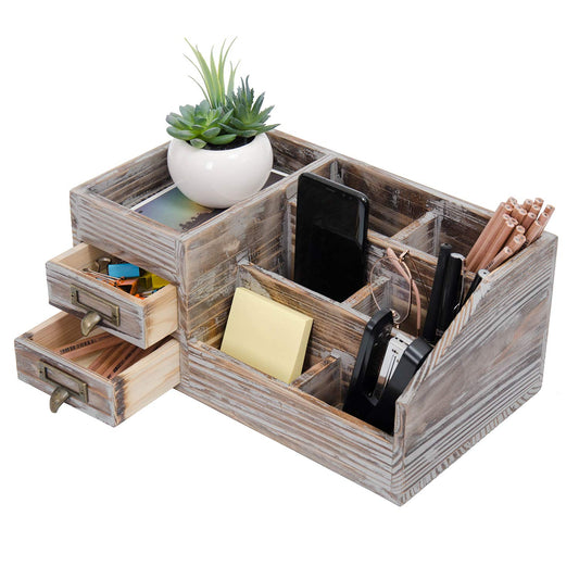 Liry Products Rustic Torched Wooden Desktop Organizer Dark Brown Tabletop Storage Cabinet Stepped Rack Multiple Compartments 2 Tier Drawers Makeup Accessory Sorter Display Box Home Office Supplies