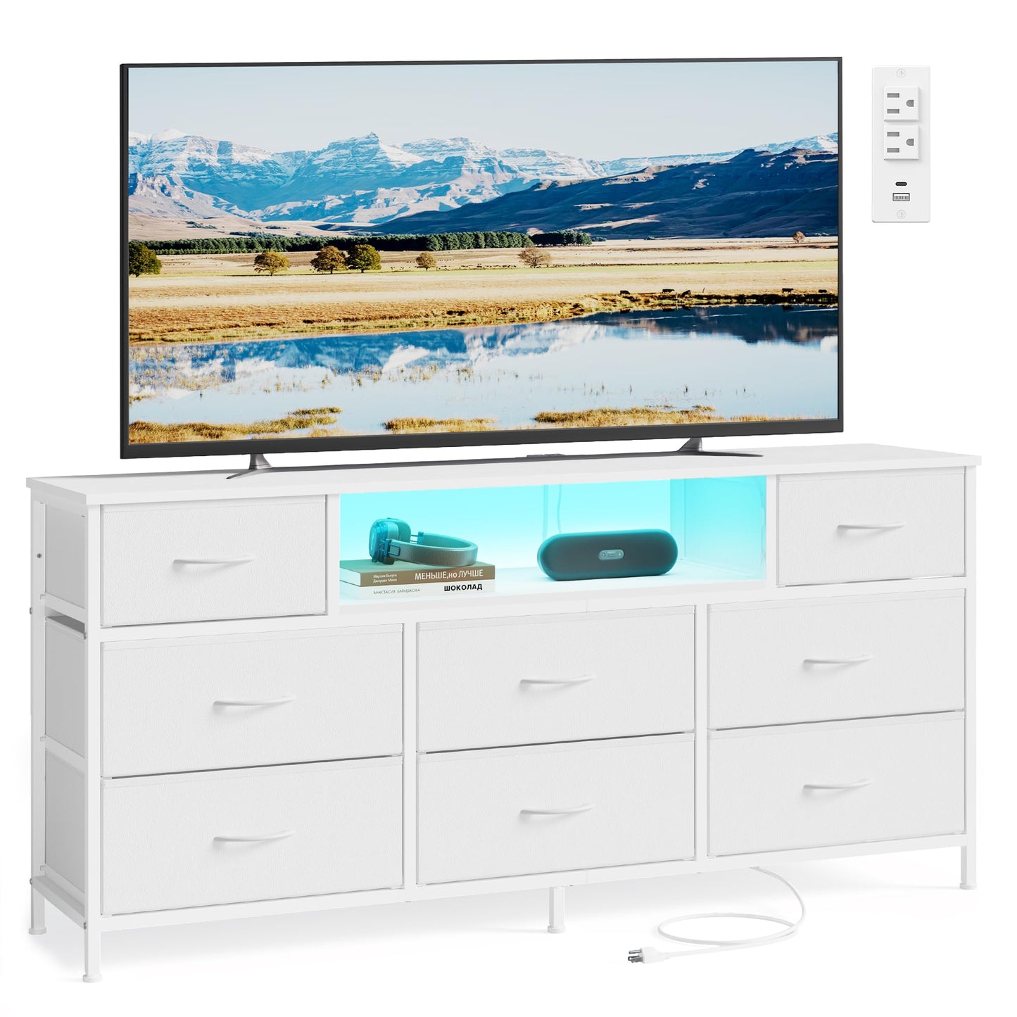 SONGMICS BELLAH Collection - Dresser for Bedroom with Outlets and LED Lights, TV Stand for TVs Up to 65 Inches, Chest of Drawers, 8 Drawers, Steel, Modern, Cloud White ULGS434WH02S