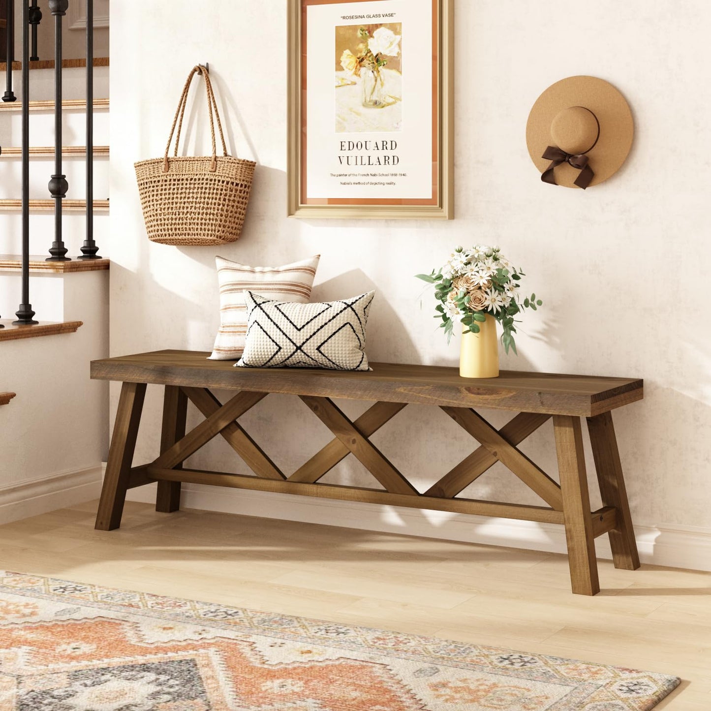 Wnutrees 30"& 54" Farmhouse Wood Bench (2 PCS), Rustic Solid Wood Entryway Benches Seat with Double X-Structure for Dining Area Living Room Hallway Natural