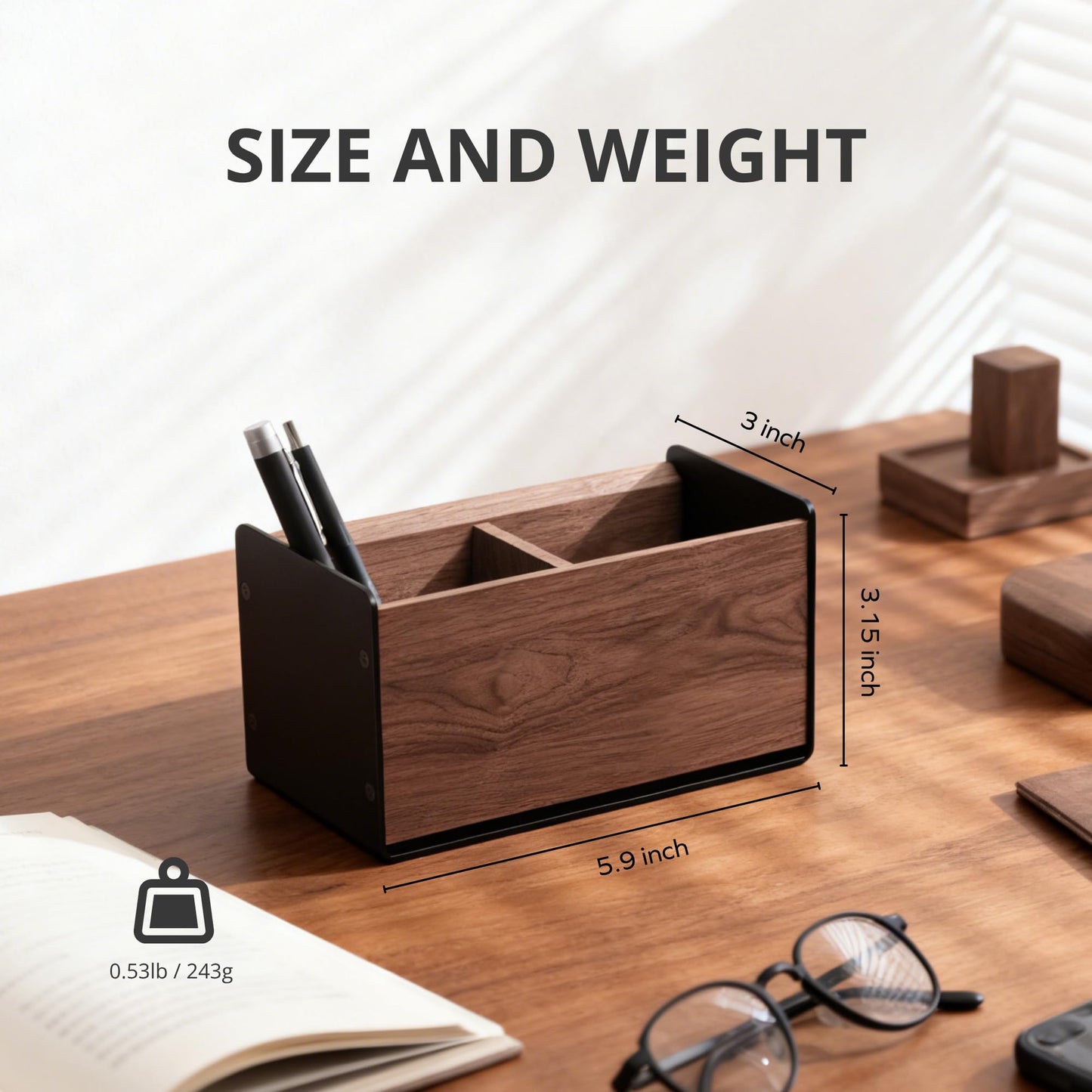 muso wood Wooden Pen Holder for Desk, Artisan Walnut & Aluminum Pencil Cup Organizer for Office & Home, Unique Modern Desktop Accessory (2 Slot)