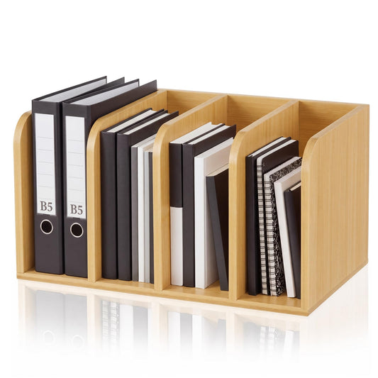Novabright Bamboo Magazine File Holder Desk Organizer, 4 Vertical Compartments Workspace Sorters for Magazines, Binders, Notebooks, Envelopes