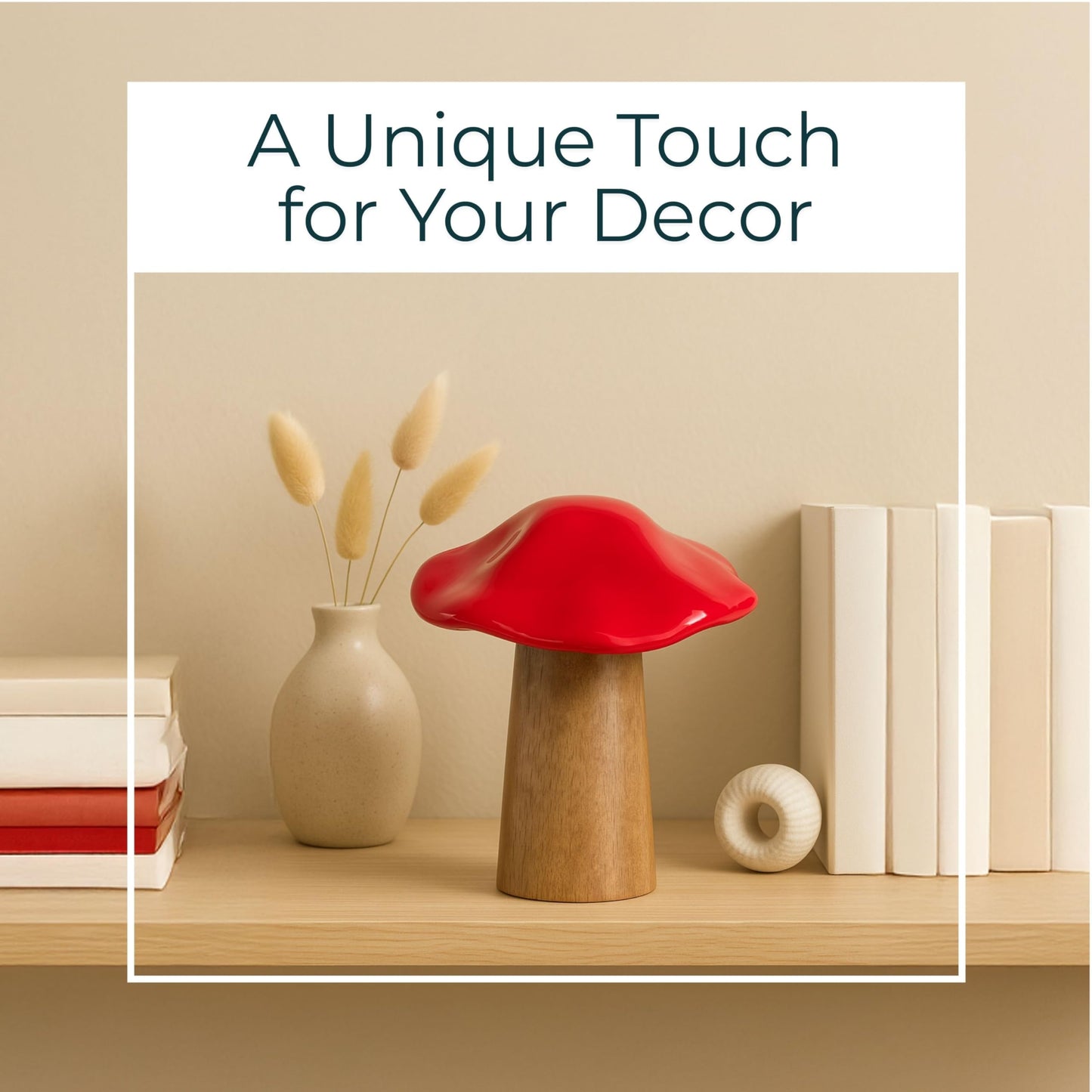 Wooden Mushroom Figurine Sculpture – Artful Accent for Room Decor and Boho Home Decor, for Shelf, Desk, or Tabletop Display, with Playful Nature-Inspired Design Detail – 6", Rustic Wood and Red