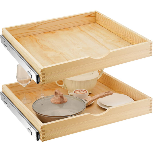 Menkxi 2 Set Wooden Pull out Cabinet Organizer Fully Assembled Slide out Pantry Drawer with Gentle Close Storage Shelf Tray for Base Kitchen Under Sink Bathroom Accessory(Wood Color,24'' X 21'' X 3'')