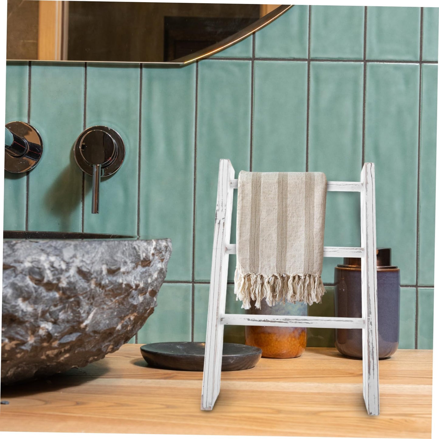 Kichvoe Mini Ladder Towel Rack for Bathroom and Kitchen Counter Compact Rustic Farmhouse Tea Towel Holder Space Saving White Decorative Ladder for Small Bathrooms and Wall Display