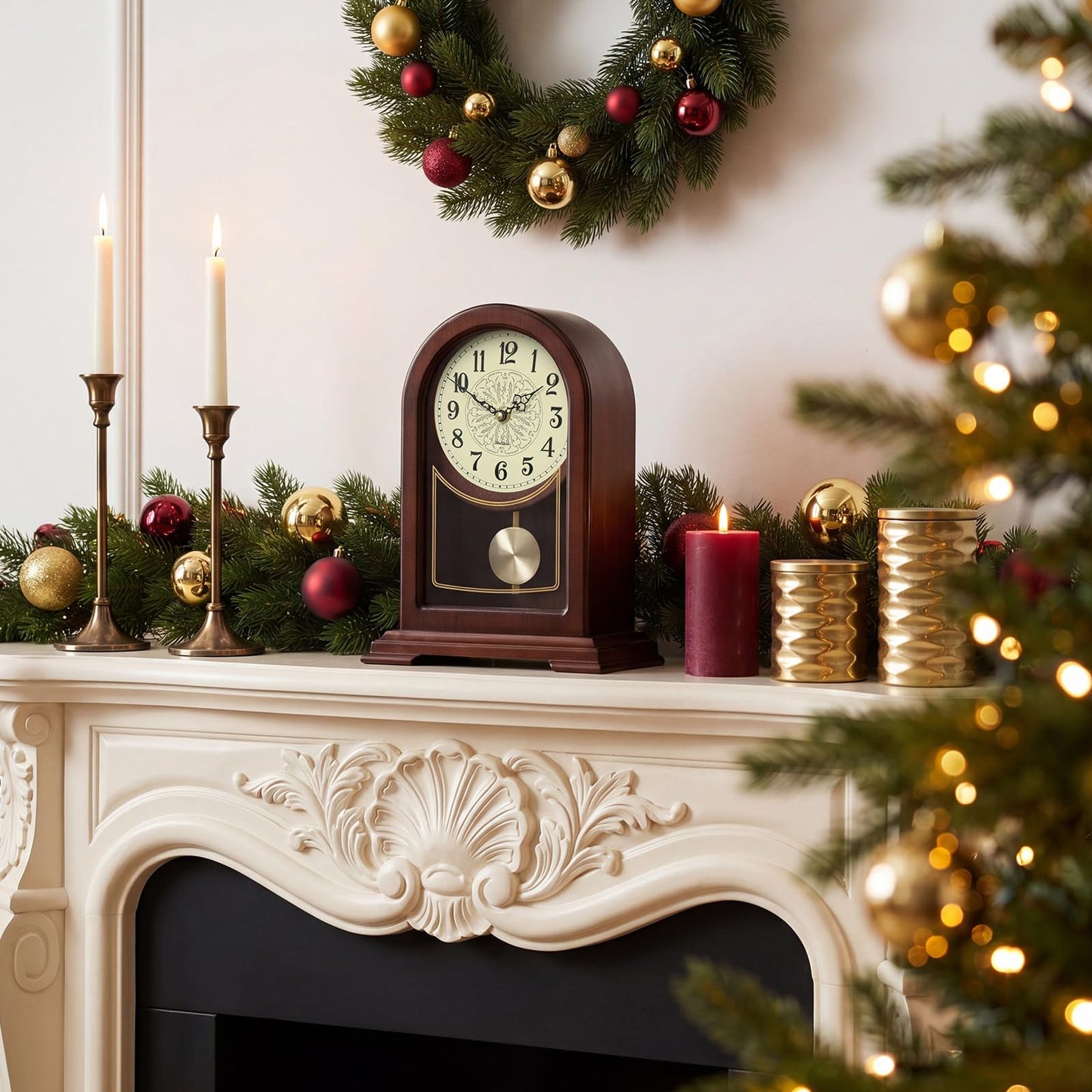 Tondiamo Brown Wooden Mantel Clock with Hourly Chime Swinging Round Pendulum Silent Quartz Desk Clocks Table Clock for Living Room Decor Above Fireplace Shelf Office, Battery Operated