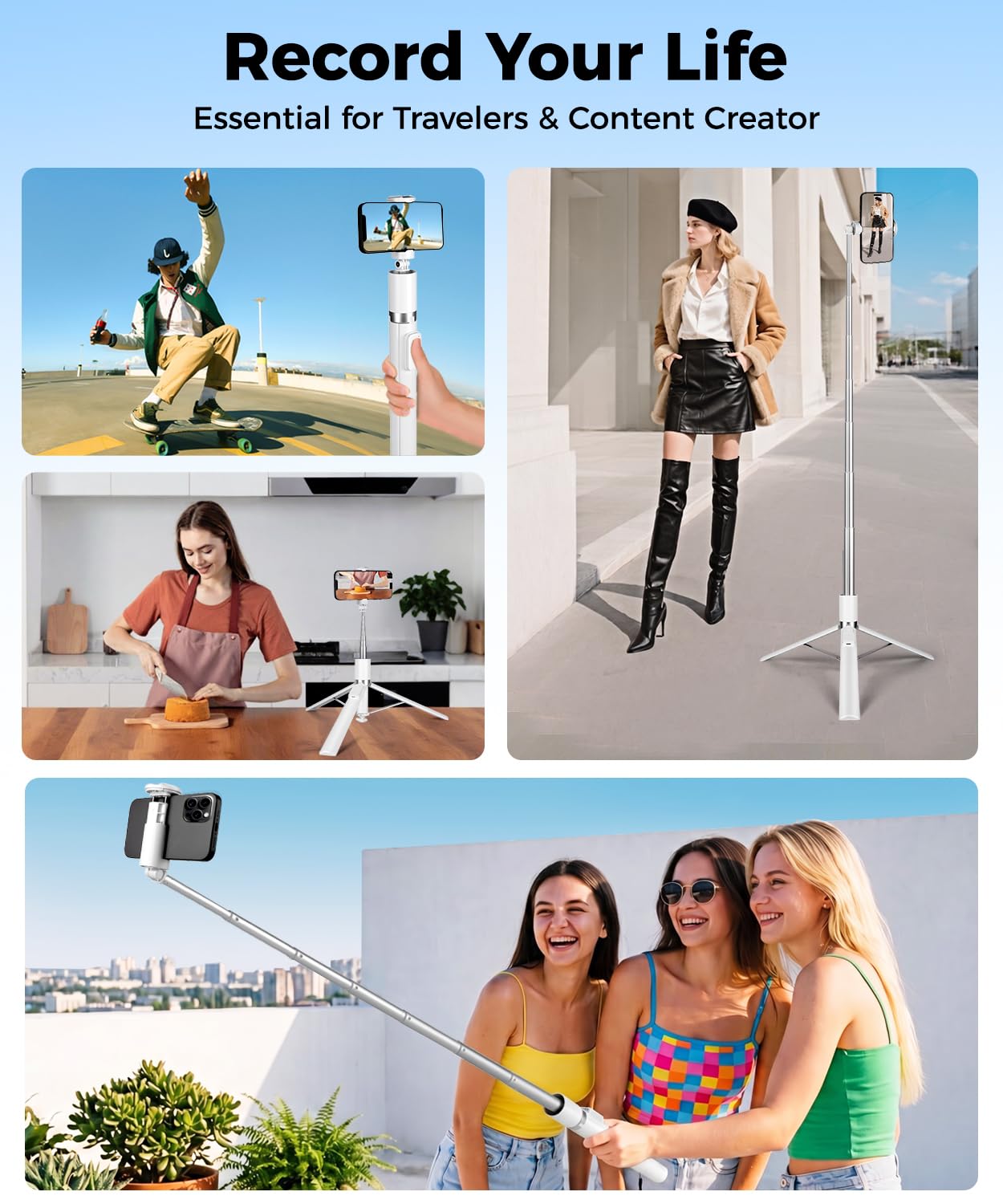 Victiv 68" Phone Tripod, Selfie Stick Tripod with Remote and Fill Light, [Tap-to-Open] iPhone Tripod Stand, Lightweight Cell Phone Stand for Video Recording, Travel, Vlogging, White