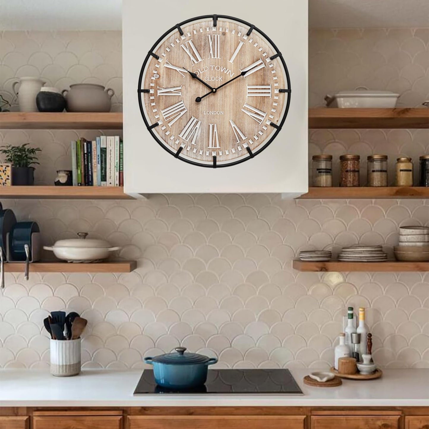 MICWIC 24 Inch Grand Farmhouse Wall Clock, Vintage-Inspired Wood & Metal Design with Large Etched Numbers, Silent Battery-Powered Timepiece for Offices, Kitchens, Bedrooms, and Living Rooms