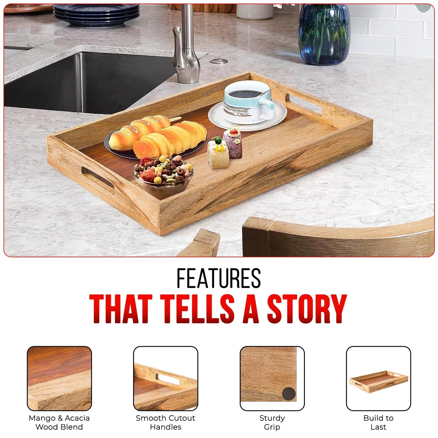 Mela Artisans 15” x 10” x 1.75” Mango Wood Serving Tray with Handles – Rectangular Edge Natural Finish – Handcrafted Wooden Serving Board for Breakfast, Coffee & Home Décor