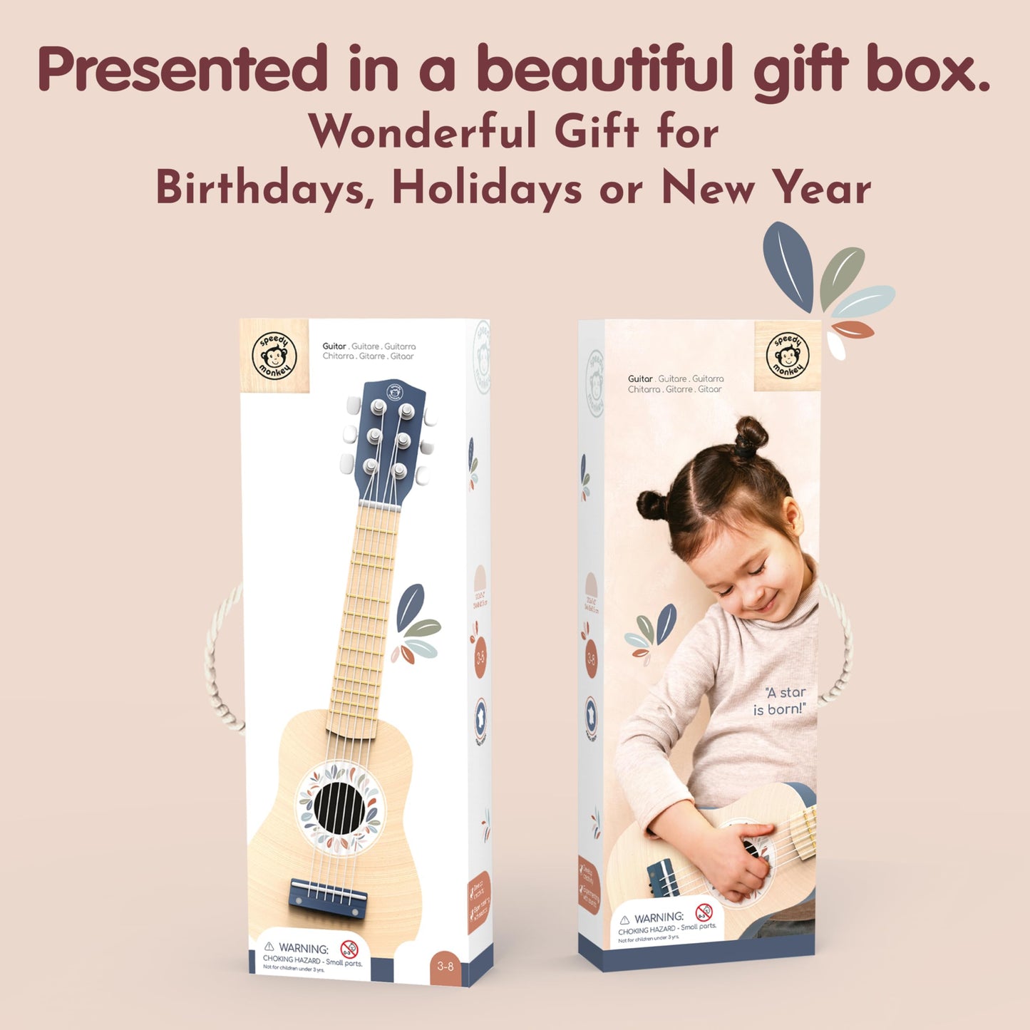 SPEEDY MONKEY Wooden Kids Guitar Toy 6-String Nylon for Ages 3+ Learning