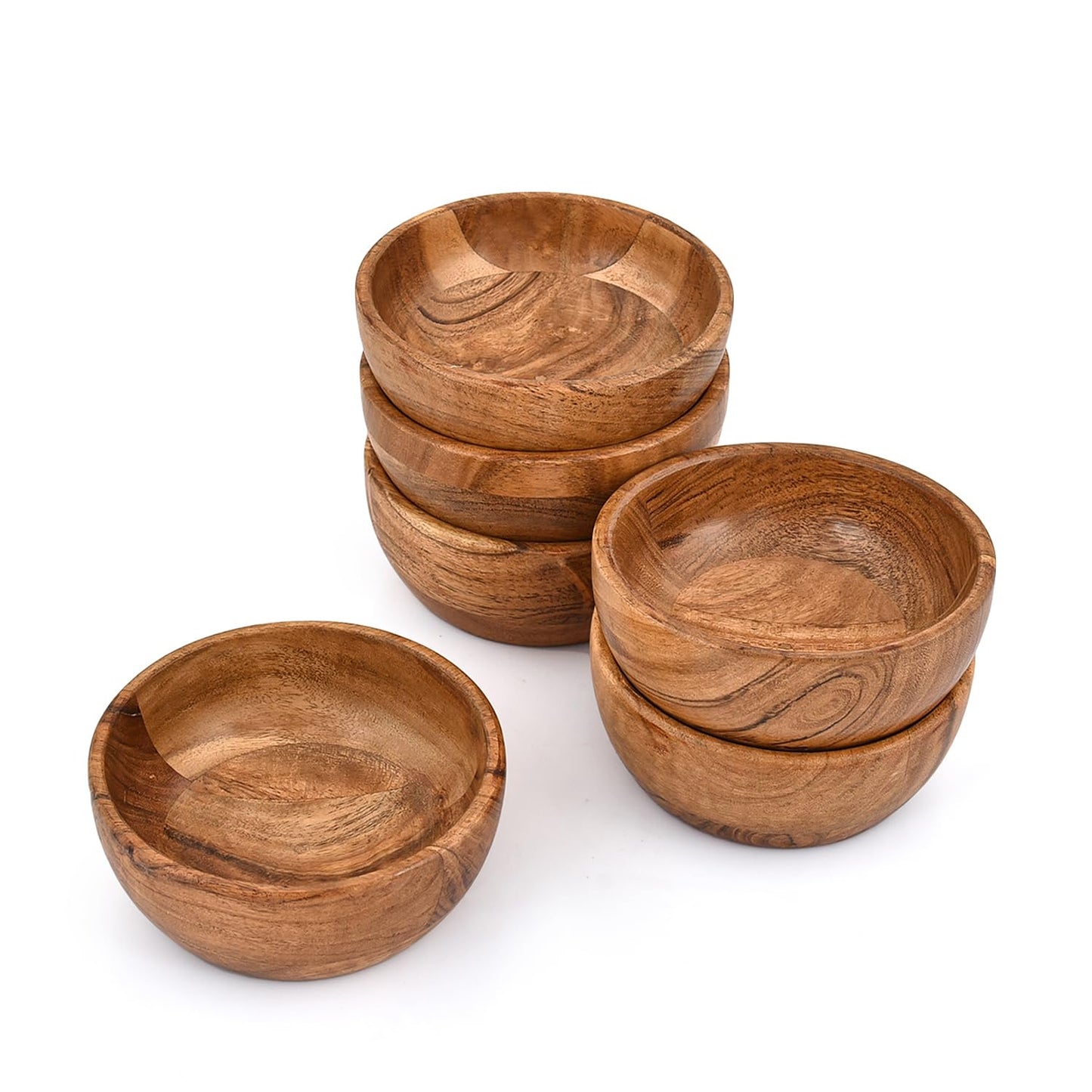 Kaizen Casa Bowl Set of 6 Wooden Bowls for Food, Condiments, Sides, Appetizers Handcrafted Eco-Friendly Serving Bowls for Snacks & Entertaining (5" X 5" X 2")