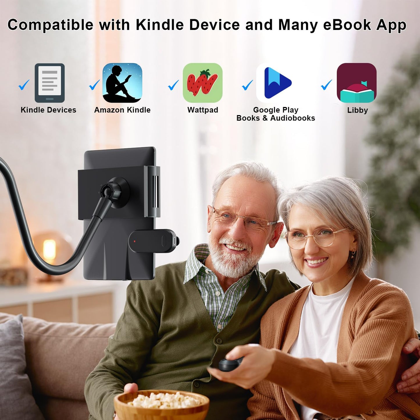Kefotic Gooseneck Tablet Holder for Kindle Reading in Bed with Page Turner Remote, Hands Free Desk Bedside Lazy Arm Stand for Kindle Accessories, Gifts for Readers