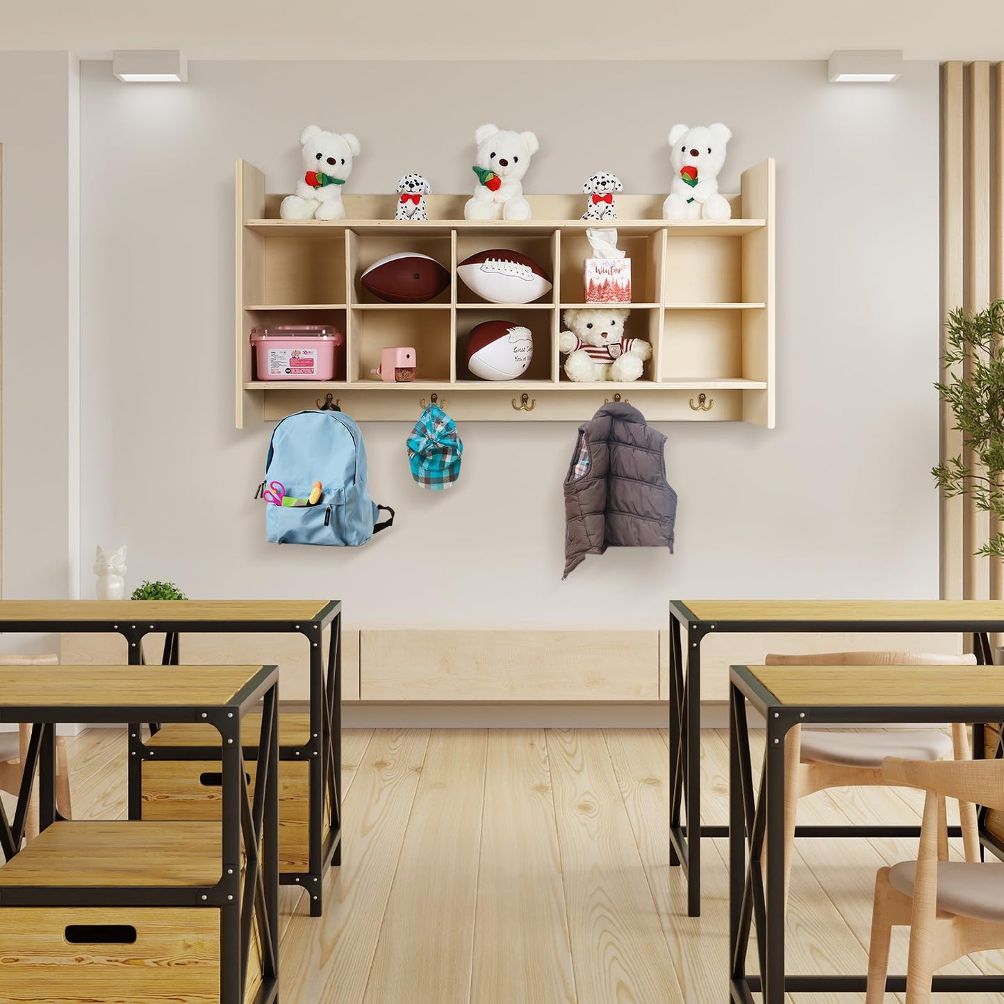 Colingmill Wall Cubbies 10 Section Hanging Cubby Storage Organizer with Coat Hooks Wooden Daycare Storage for Classroom School Kindergarten Kids Toys