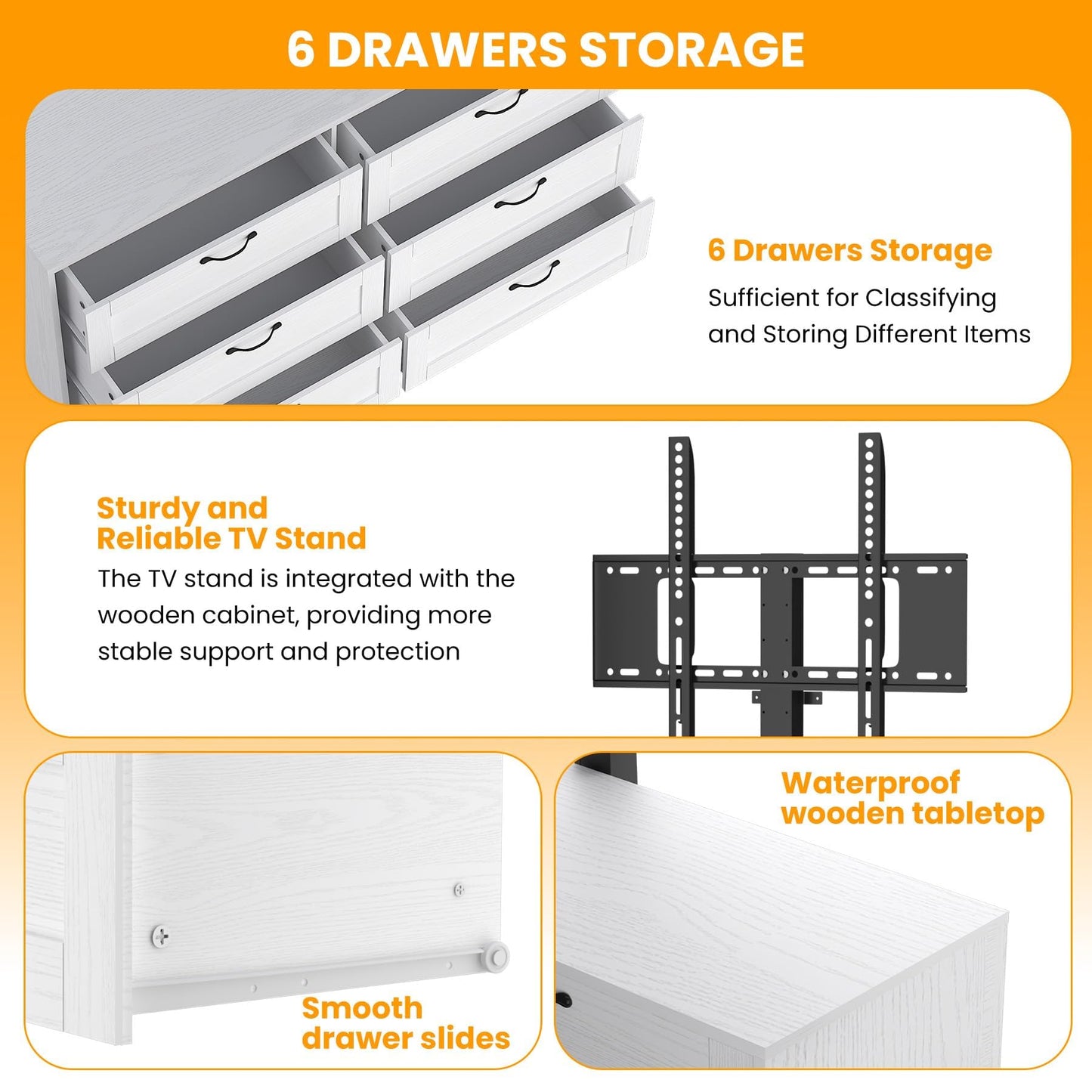 GAOMON 6 Drawer Dresser for Bedroom, White TV Stand with Height Adjustable Mount for Living Room Fit 32/55/65/75/80 Inch TVs, Farmhouse Entertainment Center as Wooden Media Console Tables