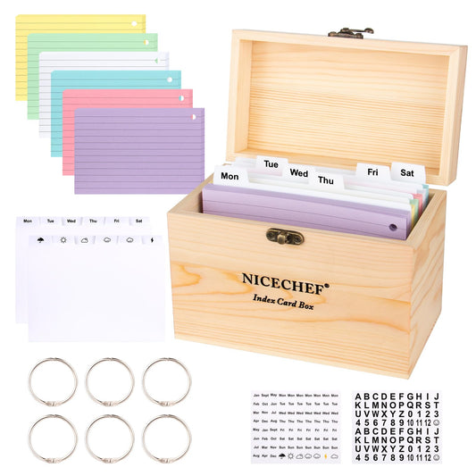 NICECHEF Index Card Holder 4x6, Wooden Recipe Box with 300 PCS Flash Cards Card Organizer,12 White Dividers, 6 Metal Rings, 2 Sticker, for Office, Business, Flashcard Notecard Holders for Home Office