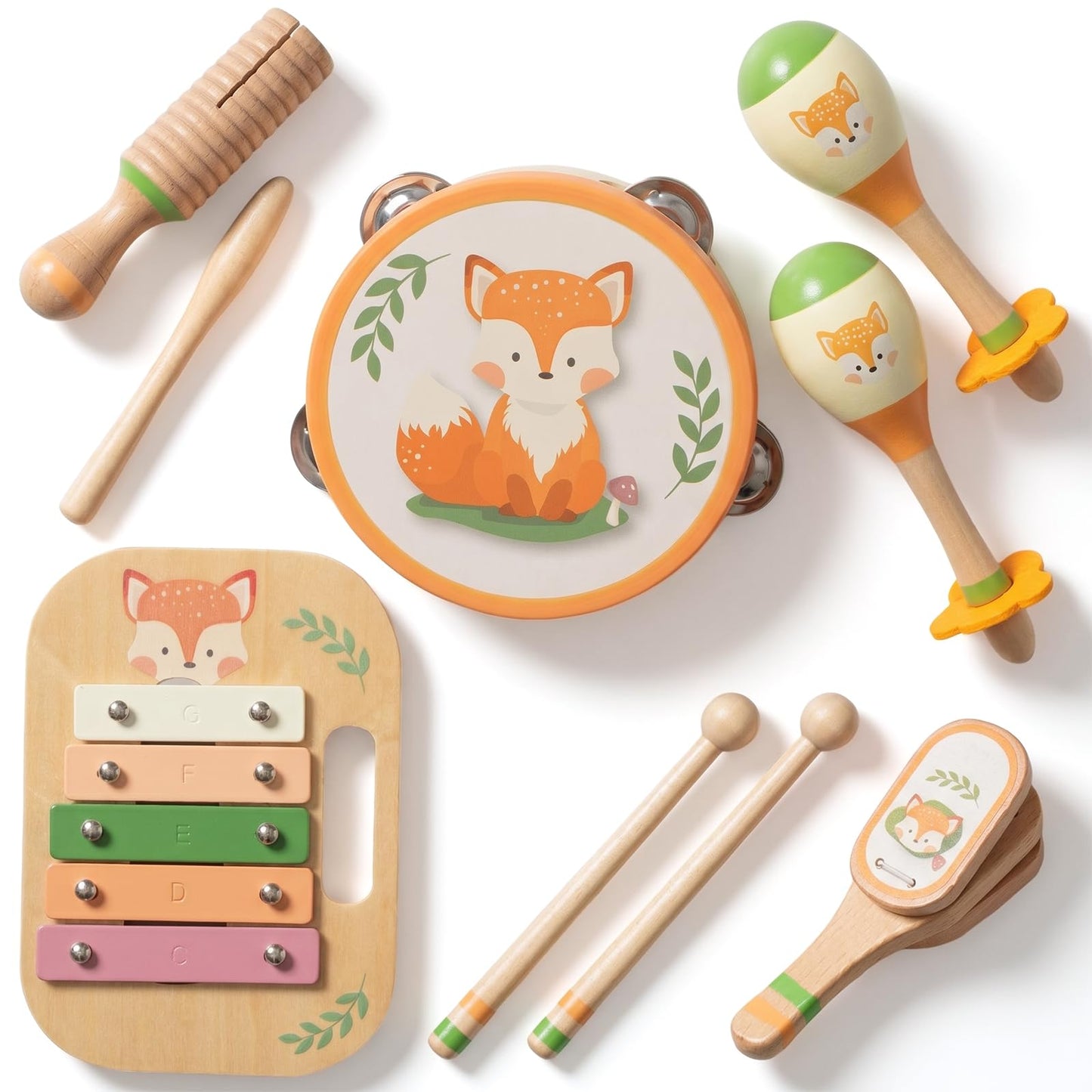 Wooden Musical Instruments Set for Toddlers, Natural Wood Percussion Instruments Xylophone Gift Set for Girls Boys Kids ,Preschool Educational Musical Toys with Storage Bag (Orange Set)