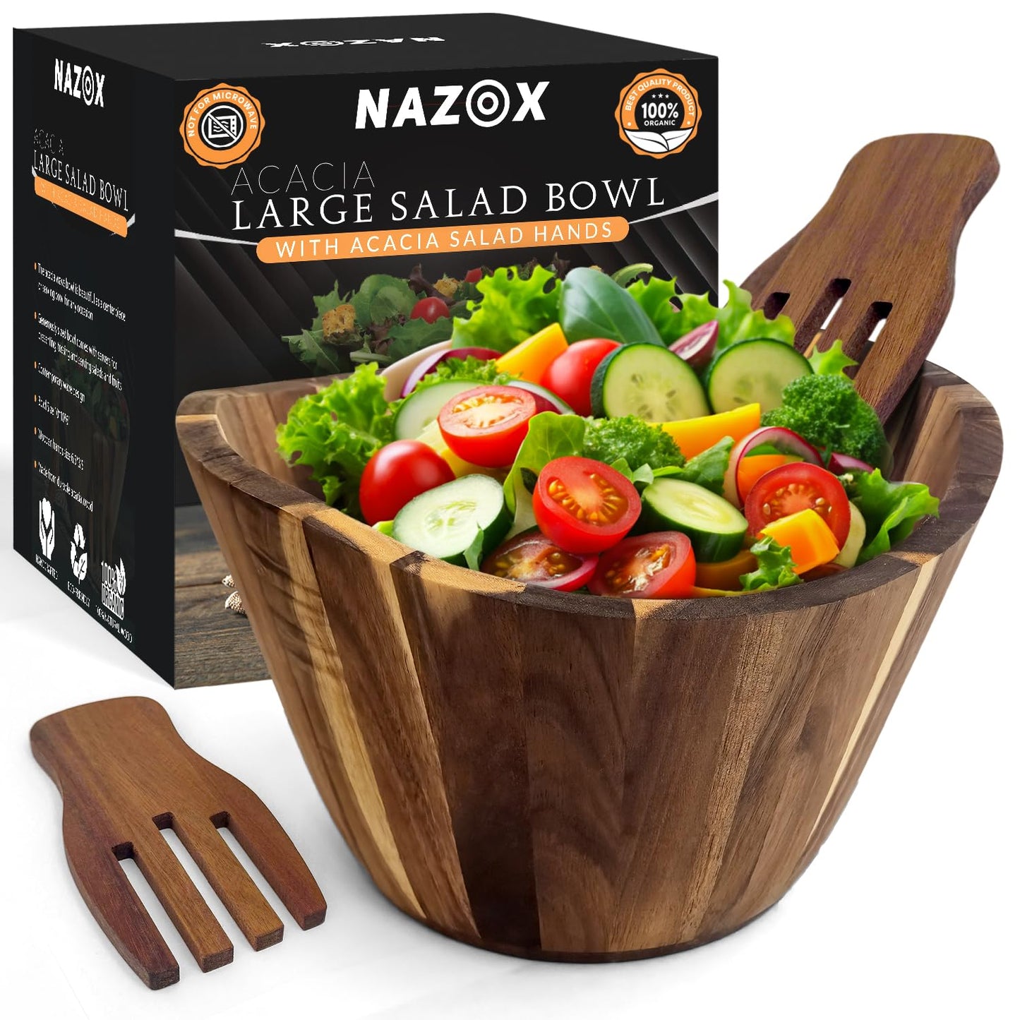 NAZOX Acacia Wood Salad Bowl Set with Serving Hands, 10” Diameter, 6” Height - Handmade, Large Serving Bowl for Salad, Fruit & Pasta - Durable Natural Brown Serveware Gift, Modern Geometric Design