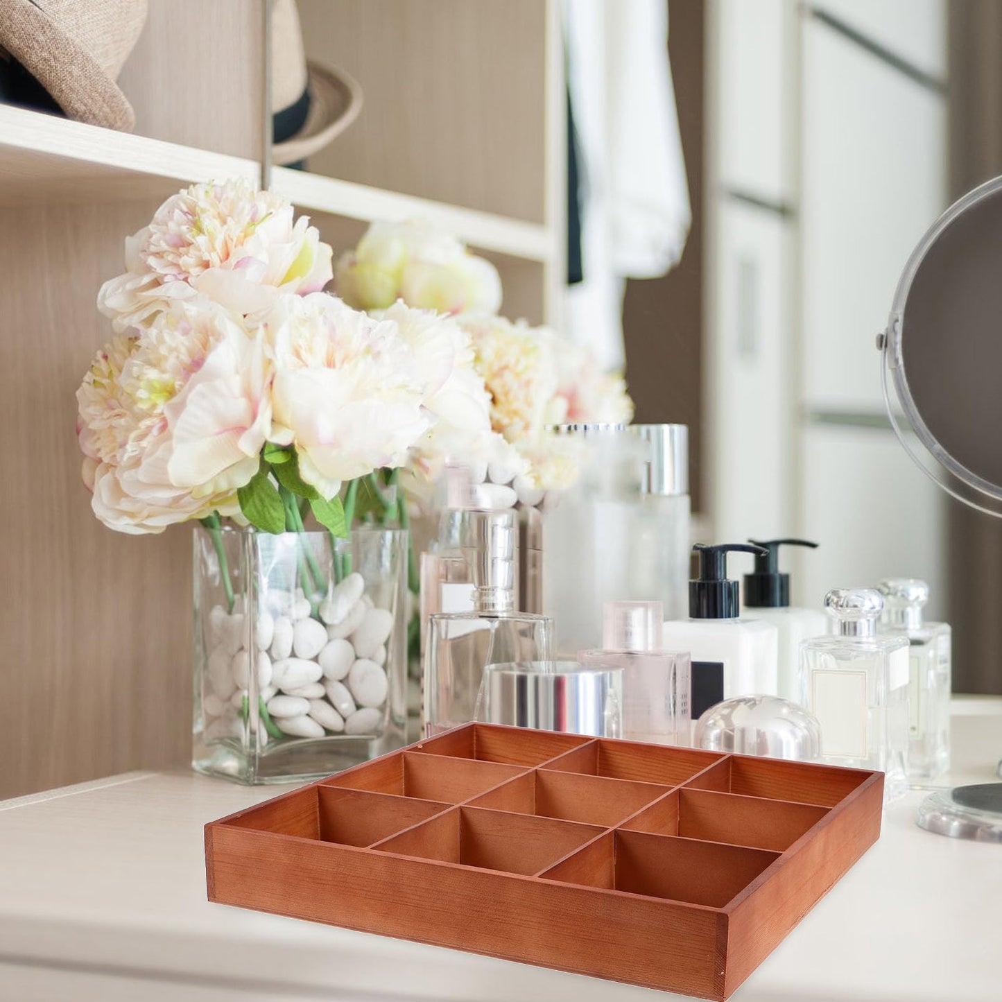 Garneck Wooden with Multiple Compartments Brown Natural Wood Material Storage Divider Box for Jewelry and Small Parts Organizing Versatile Use on Tabletop in Room