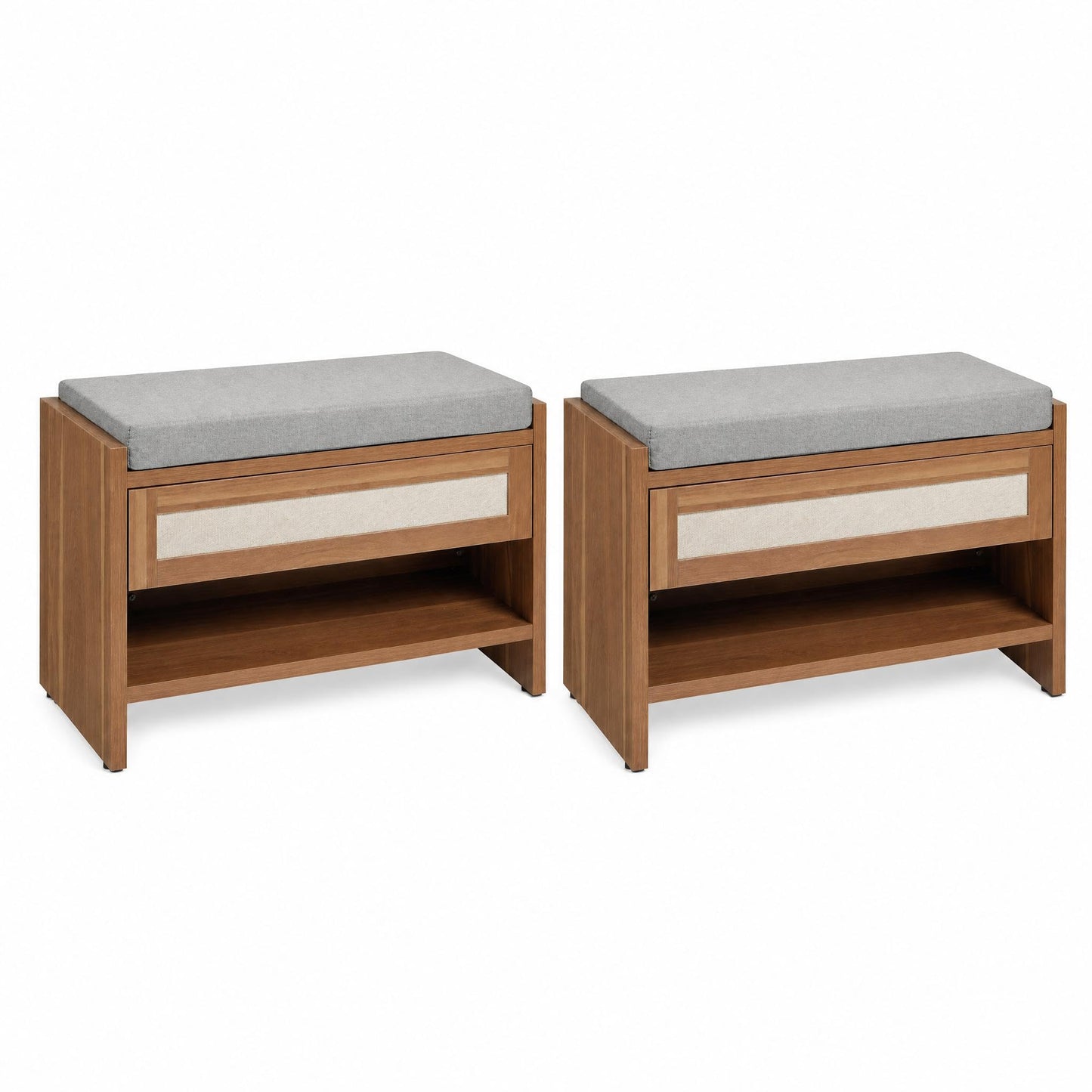 GarveeHome 2 Pack 31" Rattan Entryway Shoe Bench with Storage Drawer & Padded Linen Seat – Farmhouse Wicker Bench Organizer for Hallway, Front Door & Bedroom,Caramel Oak