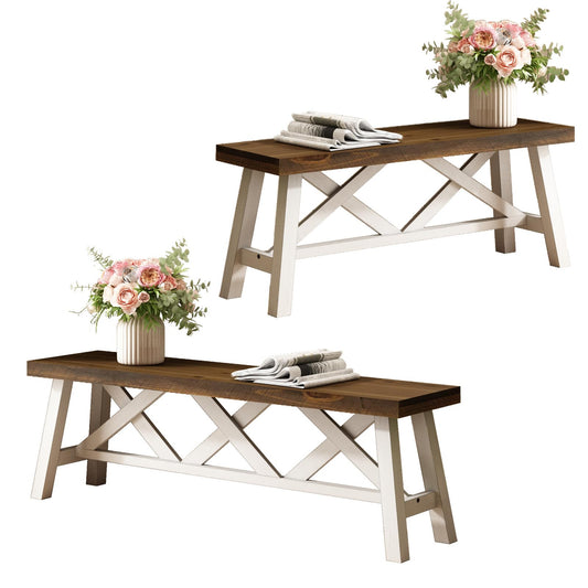 Wnutrees 43"& 54" Farmhouse Wood Bench (2 PCS), Rustic Solid Wood Entryway Benches Seat with Double X-Structure for Dining Area Living Room Hallway White