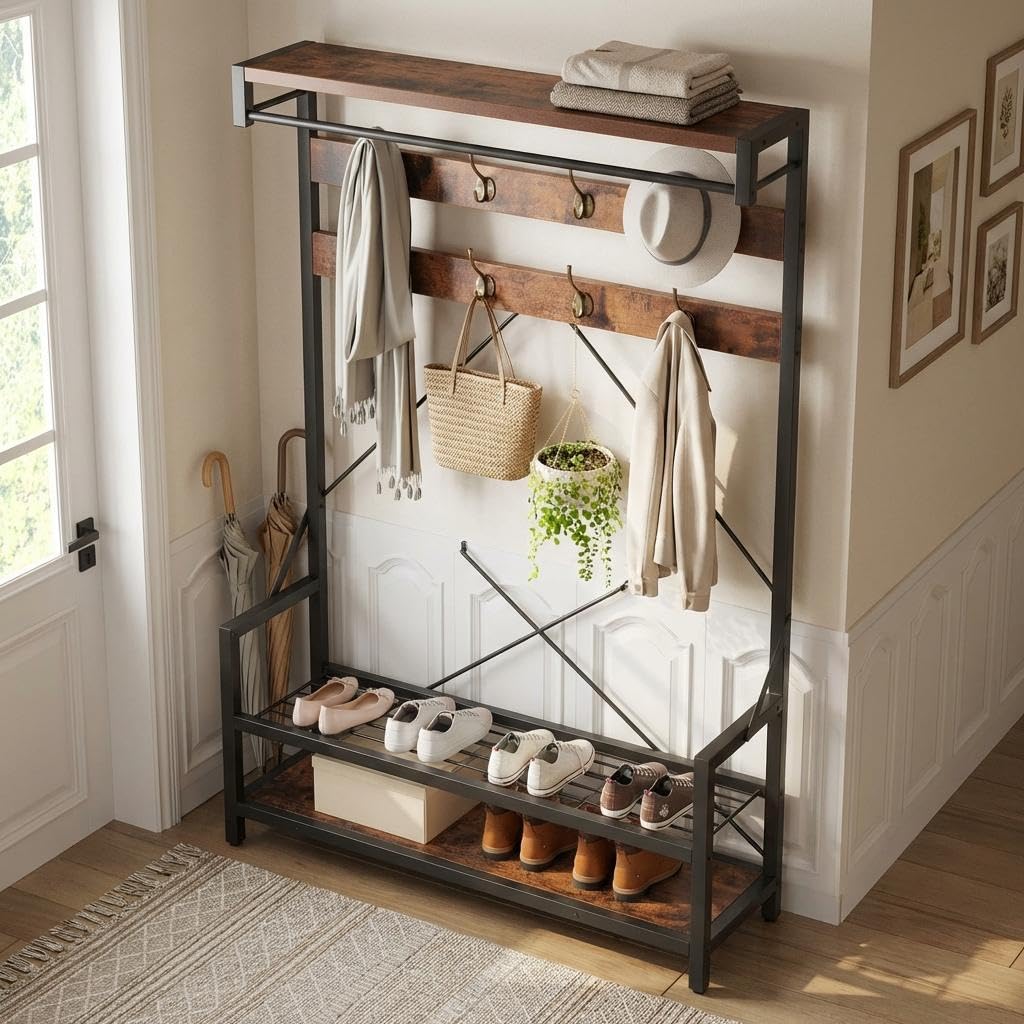 Tedyle 72" Industrial Hall Tree Entryway Bench, Wooden Coat Rack Shoe Bench with Shoe Rack & Storage Shelf, 8 Hooks & Hanging Bar, Entryway Organizer for Foyer, Mudroom, Rustic Brown