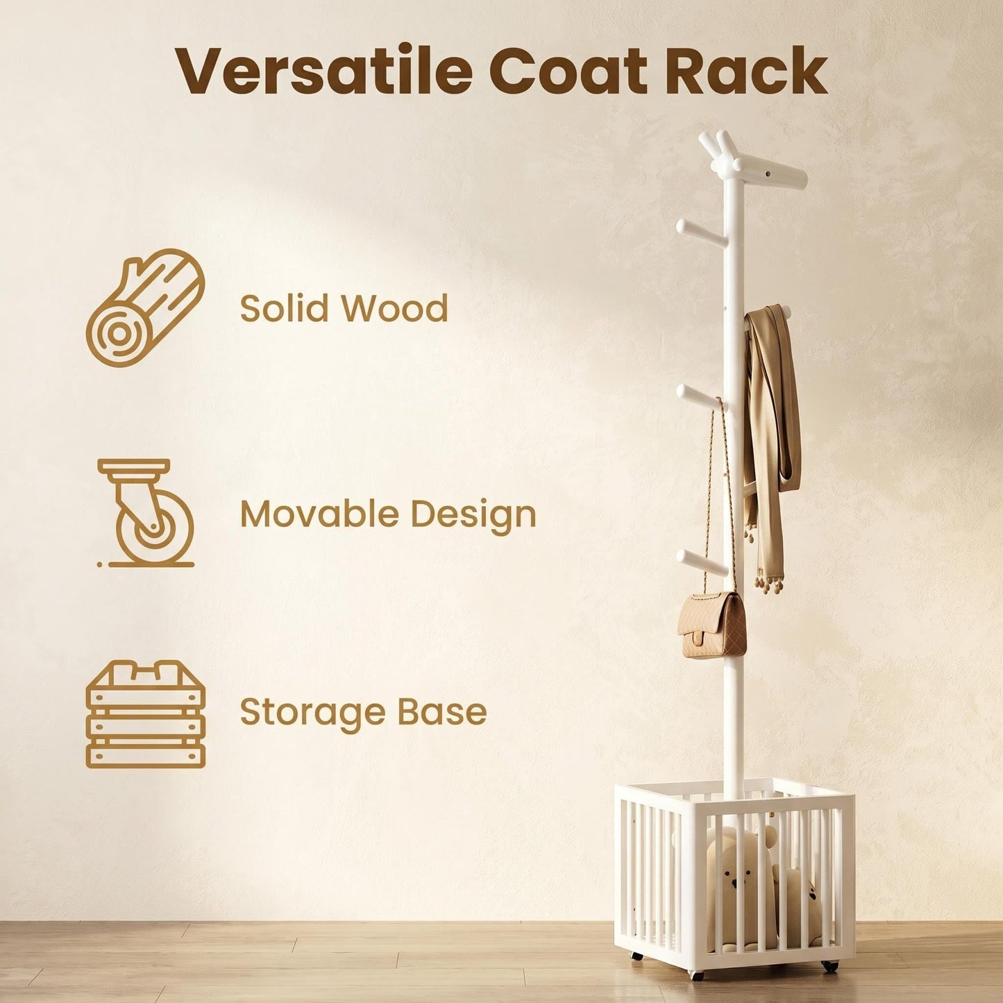AQIMUELE Walnut Coat Rack, Freestanding Solid Wood Coat Rack with 6 Hooks, Sturdy Wooden Clothes Rack for Bedroom, Kids Room, Entryway, Hallway, Office