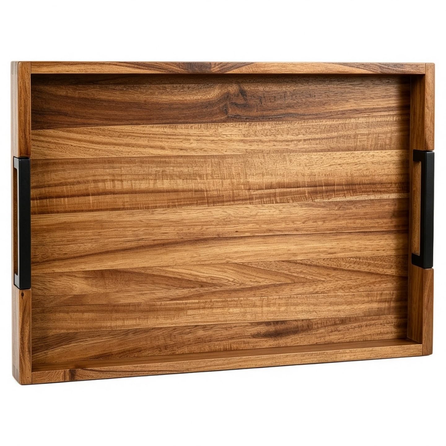 Large Ottoman Tray for Living Room and Coffee Table, Decorative Acacia Wood Serving Tray with Metal Handles for Breakfast in Bed, Dinner Food Kitchen TV (Natural, 20" x 14" x 2")
