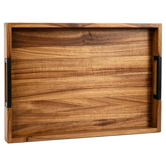 Large Ottoman Tray for Living Room and Coffee Table, Decorative Acacia Wood Serving Tray with Metal Handles for Breakfast in Bed, Dinner Food Kitchen TV (Natural, 17" x 13" x 2")