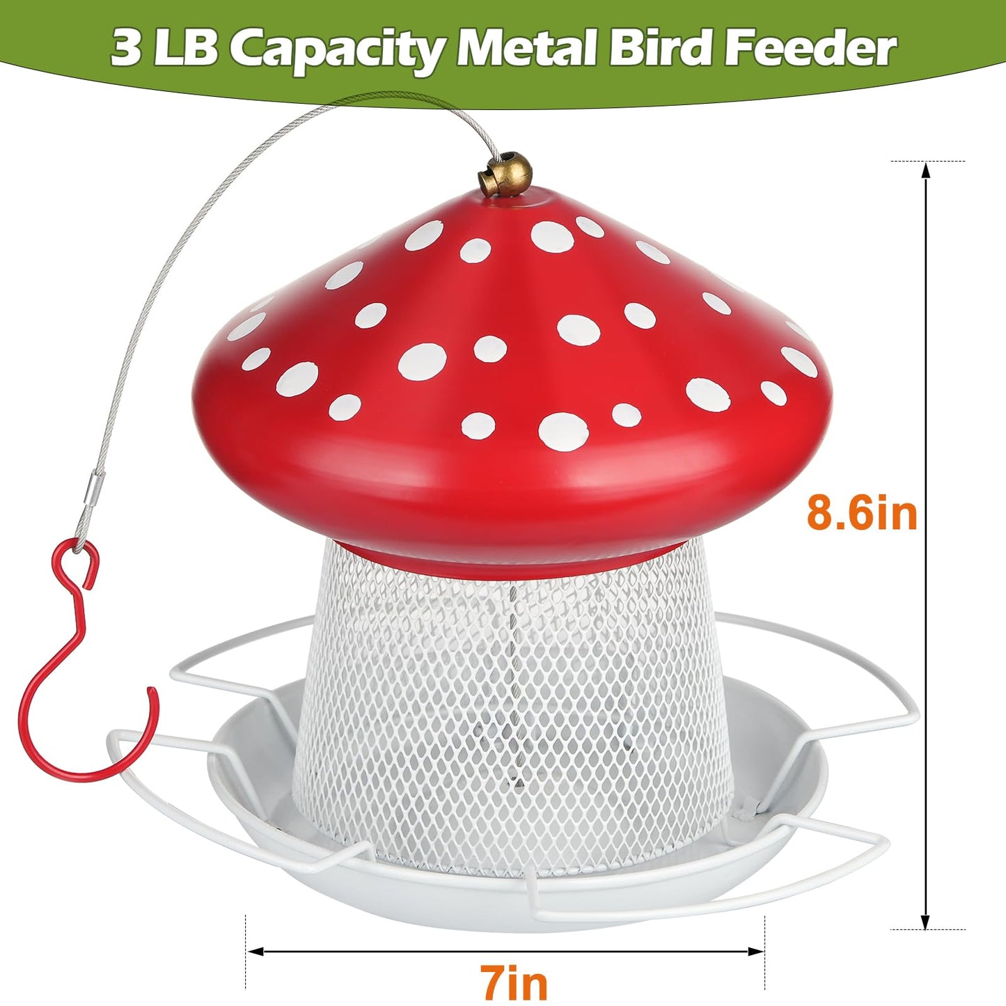 IWNTWY Bird Feeder, Heavy Duty Metal Bird Feeders for Outdoor Hanging, Cute Mushroom Shape Wild Birdfeeder for Outside Garden Yard (Red)