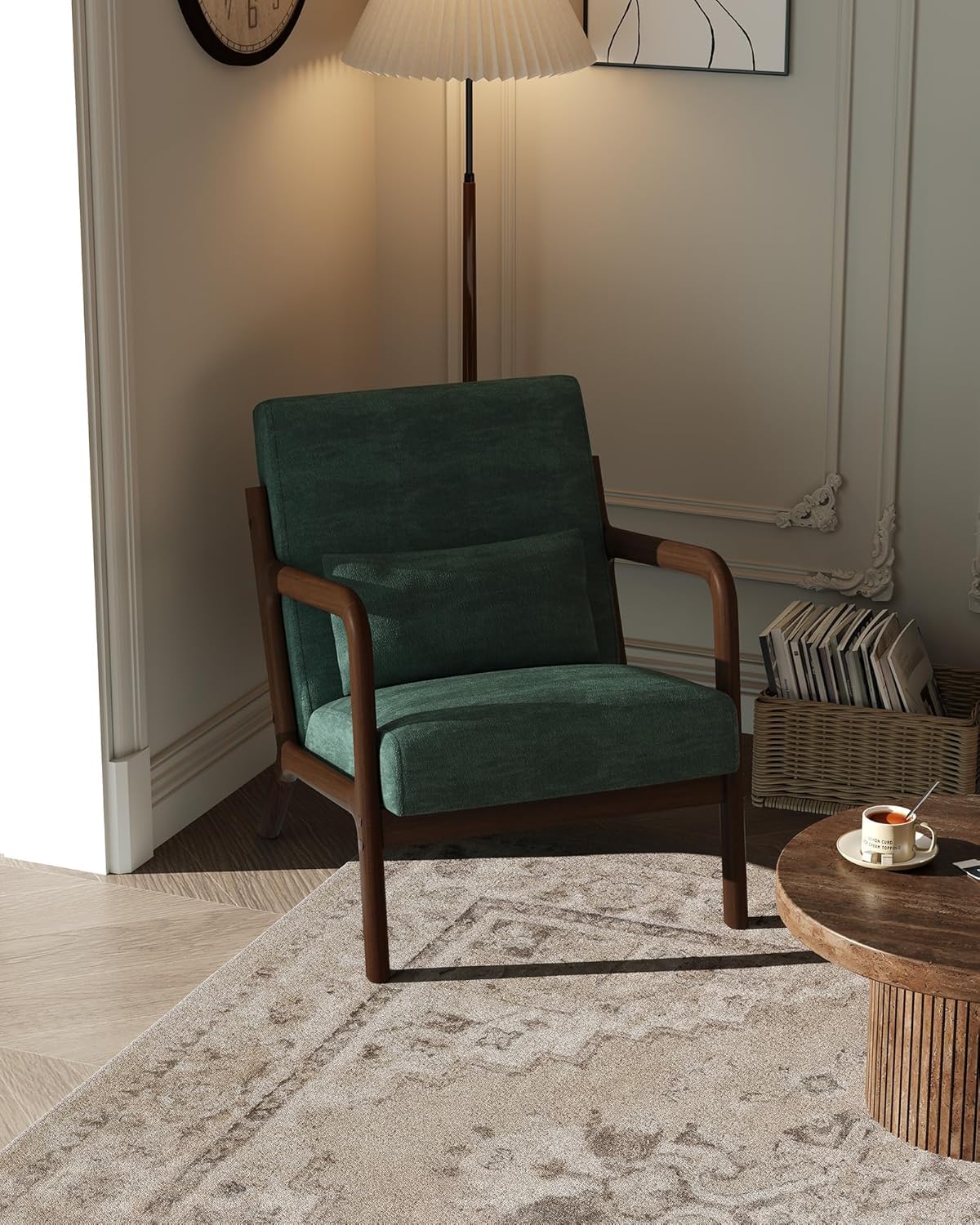 PeacefulHues Corduroy Accent Chair,Mid-Century Modern Wooden Accent Chair with Wood Legs,Comfy Upholstered Reading Leisure Chair for Living Room Bedroom Waiting Room,Green