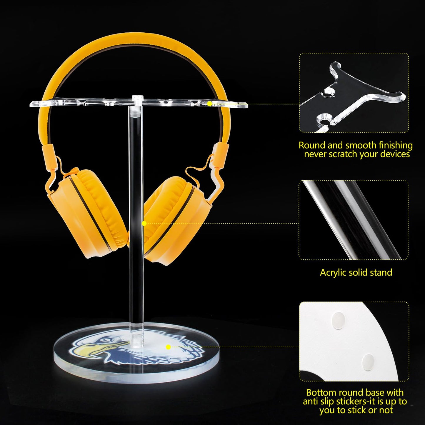 BVANQ Clear Acrylic Headphone Stand with Patterned Base – Universal Holder for AirPods Max, Gaming & Wireless Headphones – Space-Saving Desk Organizer for Home & Gaming Setup (Black&White Eagle/Hawk)
