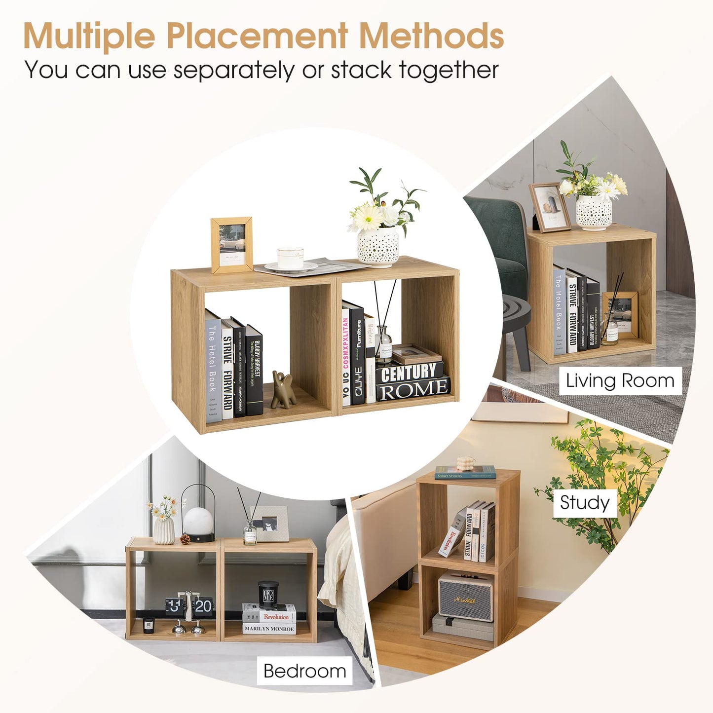 Giantex 2 Cube Bookshelf Organizer, 2-Tier 15'' Tall Open Shelving with Anti-toppling Device, Cube Storage Organizer, Record Player Stand, Wood Bookshelf for Living Room, Bedroom, Kids Room