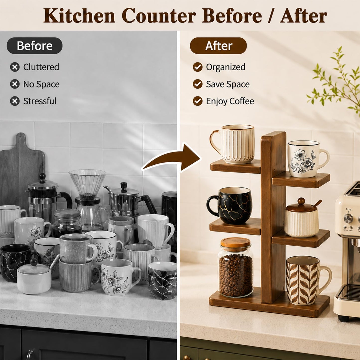 Mug Shelf for Countertop, Wooden Coffee Mug Display Holder